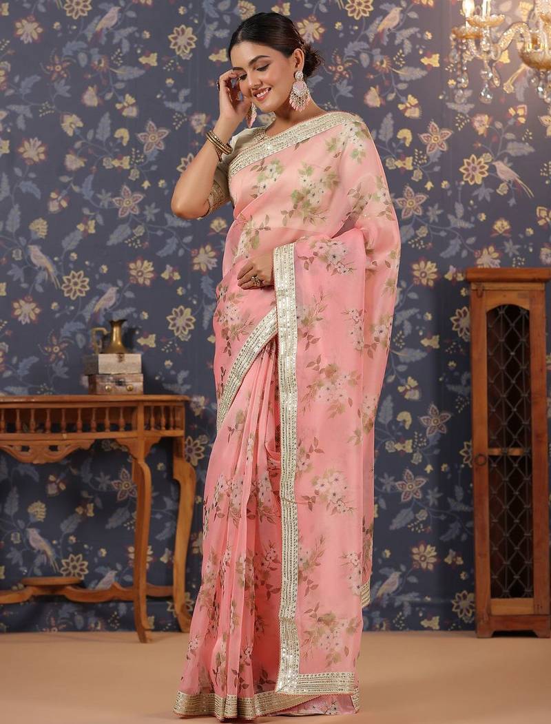 Pink floral printed saree