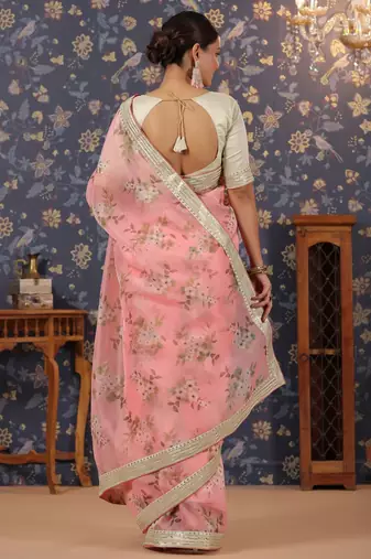 Pink floral printed saree