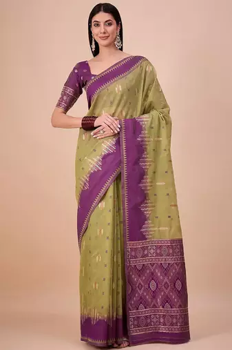 Green woven design zari saree with unstitched blouse