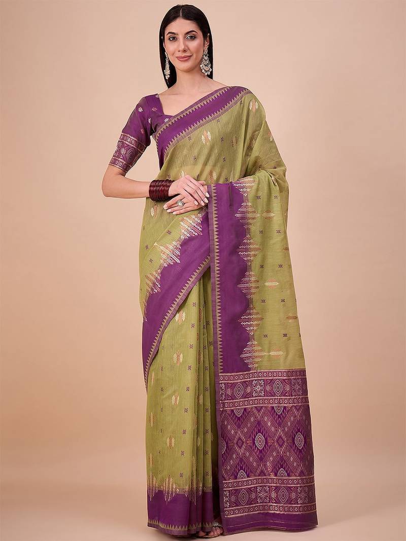 Green woven design zari saree with unstitched blouse