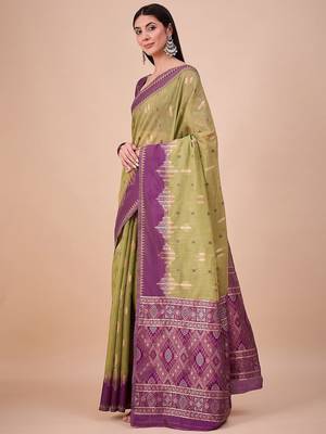 Green woven design zari saree with unstitched blouse 2