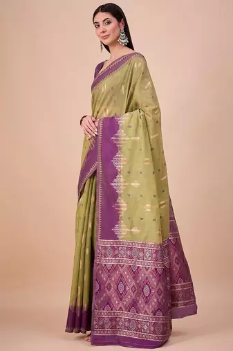 Green woven design zari saree with unstitched blouse