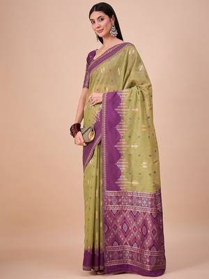 Green woven design zari saree with unstitched blouse 4