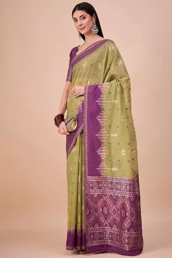 Green woven design zari saree with unstitched blouse