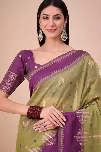 Green woven design zari saree with unstitched blouse