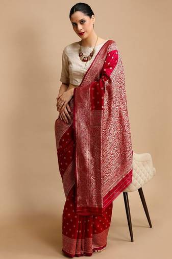 Red woven design banarasi saree with unstitched blouse