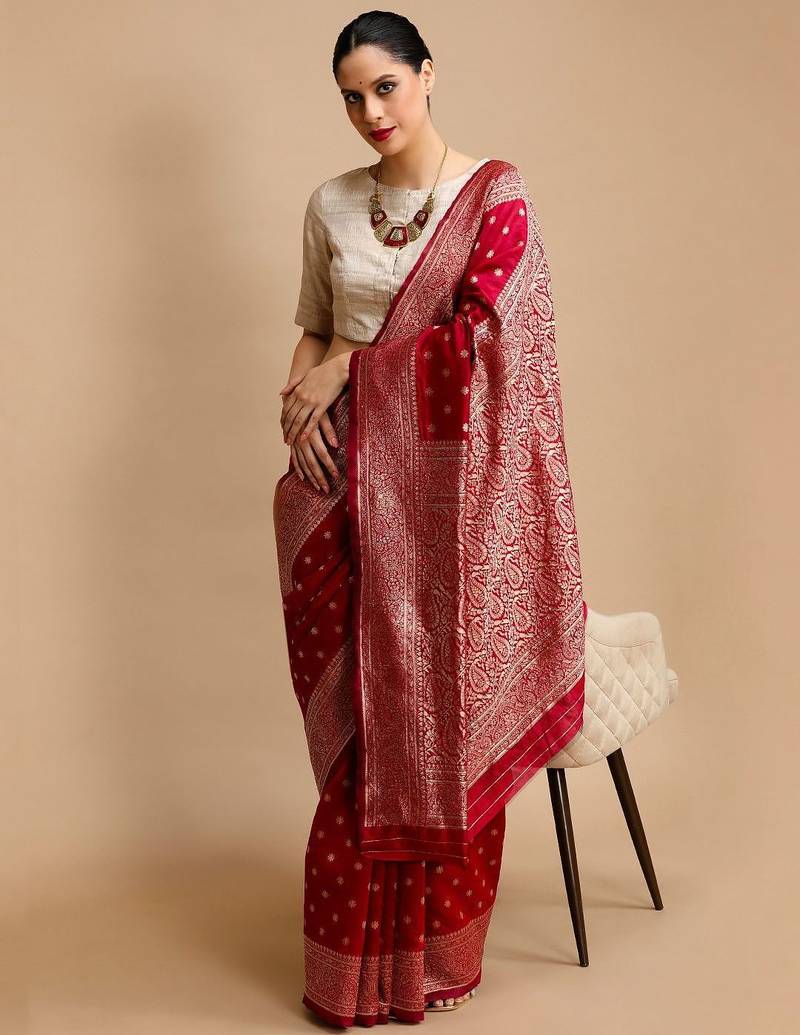 Red woven design banarasi saree with unstitched blouse