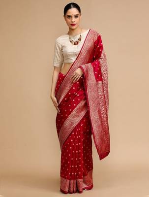Red woven design banarasi saree with unstitched blouse 2