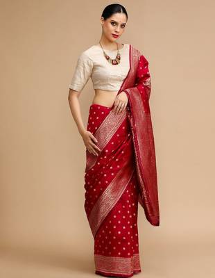 Red woven design banarasi saree with unstitched blouse 3