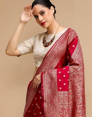 Red woven design banarasi saree with unstitched blouse 5