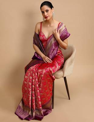 Red woven design banarasi saree with unstitched blouse 1