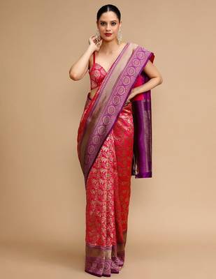Red woven design banarasi saree with unstitched blouse 2