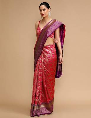 Red woven design banarasi saree with unstitched blouse 3