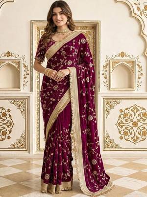 Burgundy floral zari satin saree 1
