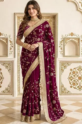 Burgundy floral zari satin saree