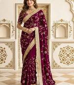 Burgundy floral zari satin saree