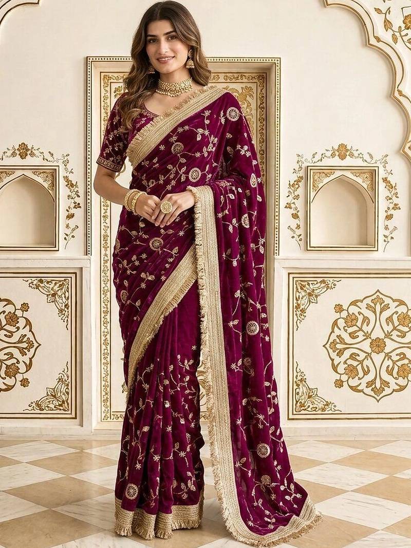 Burgundy floral zari satin saree
