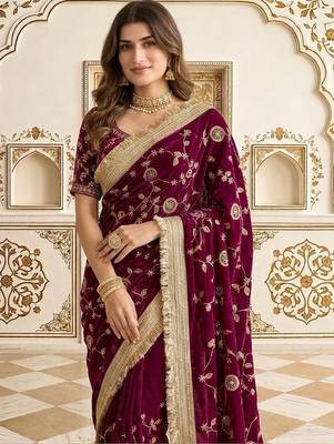 Burgundy floral zari satin saree 2