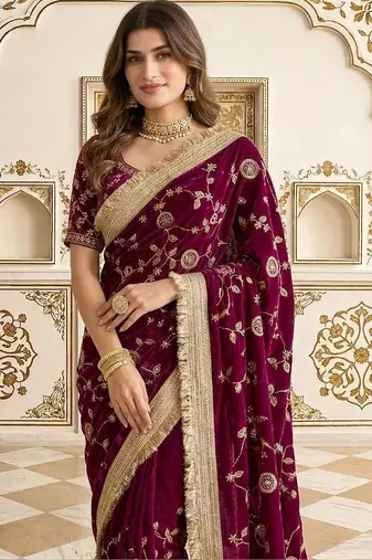 Burgundy floral zari satin saree