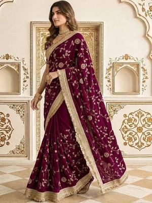 Burgundy floral zari satin saree 3