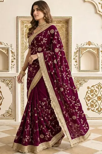 Burgundy floral zari satin saree
