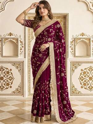 Burgundy floral zari satin saree 4