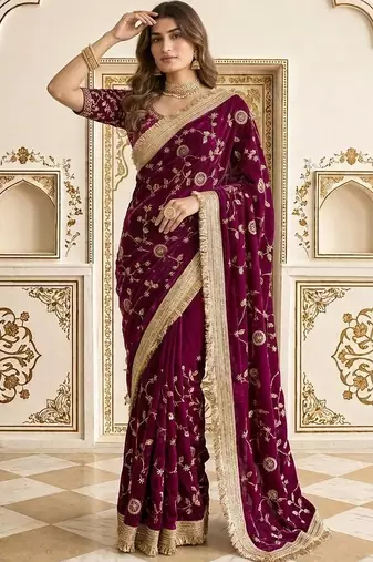 Burgundy floral zari satin saree