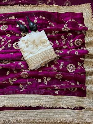 Burgundy floral zari satin saree 5
