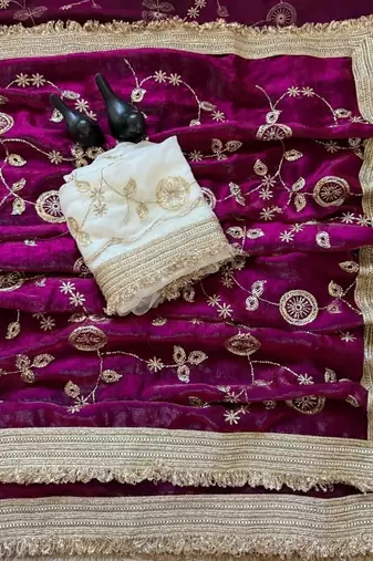 Burgundy floral zari satin saree