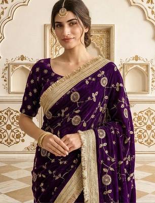 Purple embellished embroidered satin saree 1