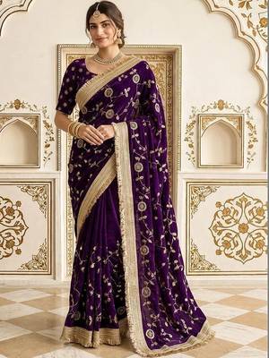 Purple embellished embroidered satin saree 2