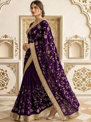Purple embellished embroidered satin saree 3