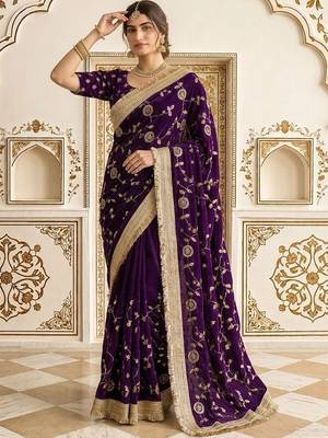 Purple embellished embroidered satin saree 4