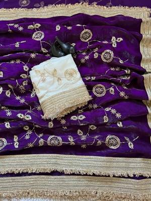 Purple embellished embroidered satin saree 5
