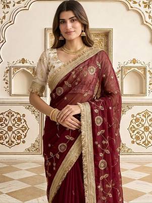 Maroon embellished embroidered satin saree 1