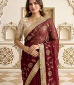 Maroon embellished embroidered satin saree