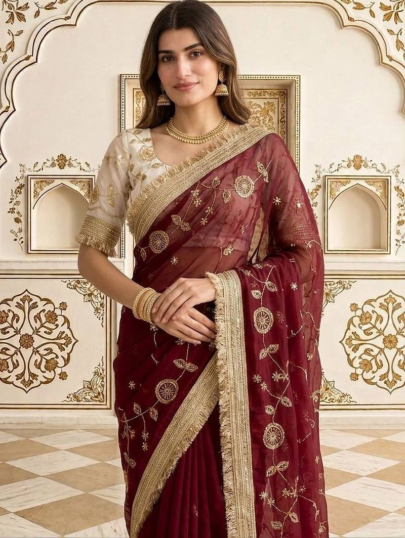 Maroon embellished embroidered satin saree