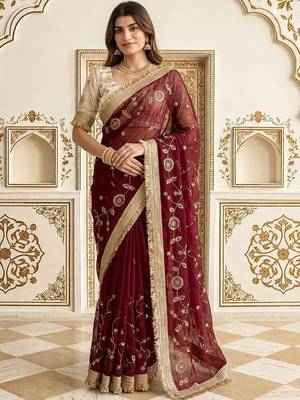 Maroon embellished embroidered satin saree 2