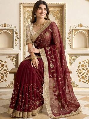 Maroon embellished embroidered satin saree 3