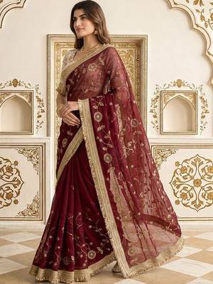Maroon embellished embroidered satin saree 4
