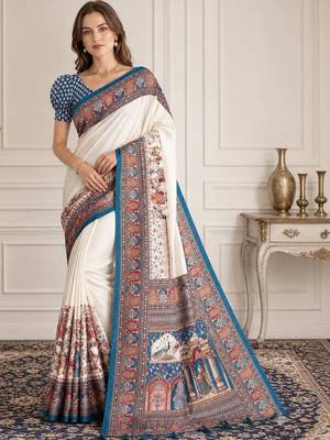 Off white women madhubani print dola silk saree with unstitched blouse piece 1