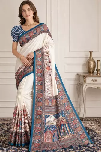 Off white women madhubani print dola silk saree with unstitched blouse piece