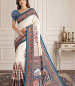 Off white women madhubani print dola silk saree with unstitched blouse piece