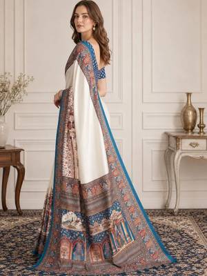 Off white women madhubani print dola silk saree with unstitched blouse piece 2