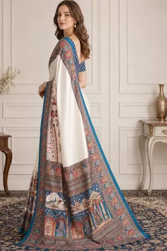 Off white women madhubani print dola silk saree with unstitched blouse piece