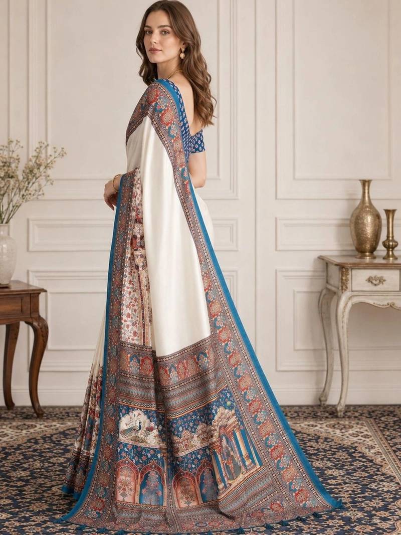 Off white women madhubani print dola silk saree with unstitched blouse piece