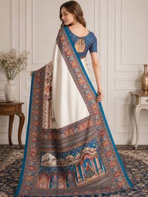 Off white women madhubani print dola silk saree with unstitched blouse piece 3