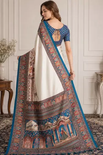 Off white women madhubani print dola silk saree with unstitched blouse piece