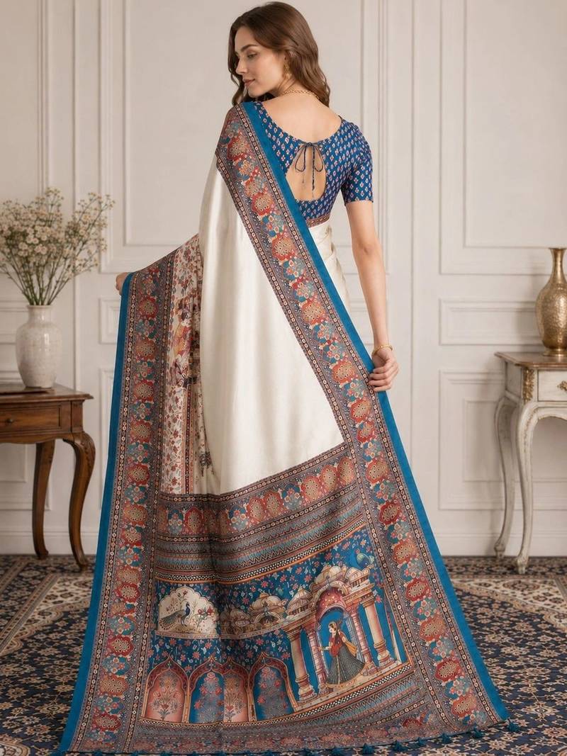 Off white women madhubani print dola silk saree with unstitched blouse piece