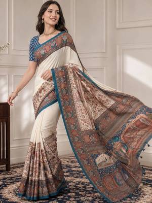 Off white women madhubani print dola silk saree with unstitched blouse piece 4
